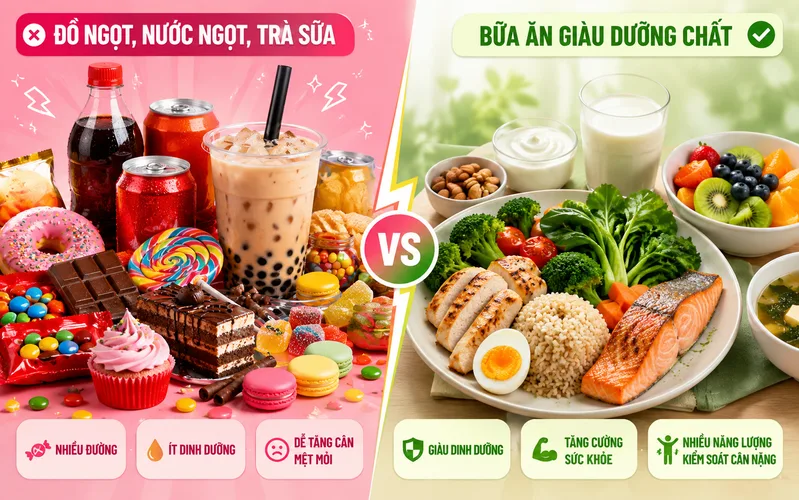 Đồ ngọt không cần bị cấm tuyệt đối, nhưng không nên thay thế những thực phẩm giàu protein, vitamin và khoáng chất.