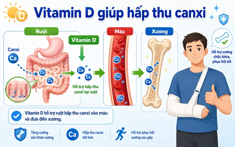 Vitamin D hỗ trợ hấp thu canxi và tham gia quá trình khoáng hóa xương bình thường.