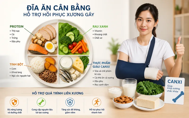 Khẩu phần hỗ trợ hồi phục nên có đủ protein, rau quả, nguồn canxi, vitamin D và năng lượng phù hợp.