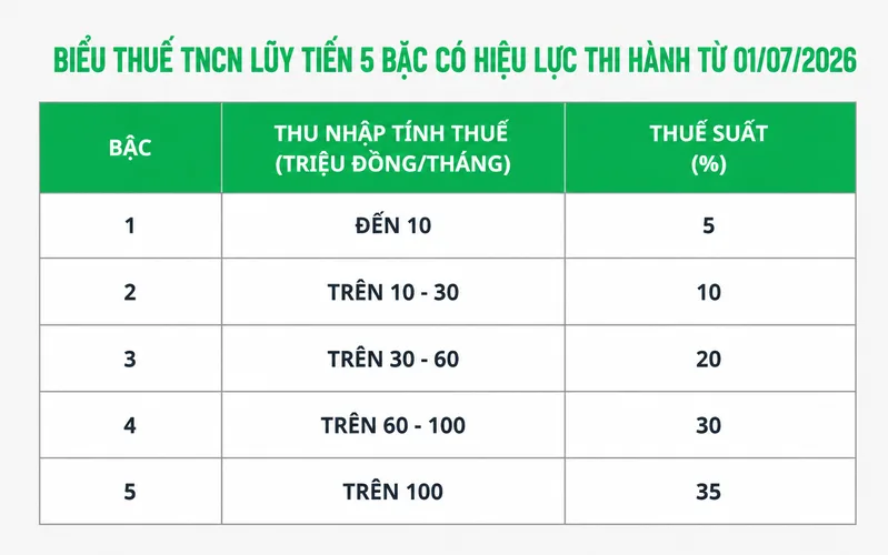 Biểu thuế lũy tiến chia thu nhập tính thuế thành năm phần với các mức thuế suất từ 5% đến 35%.