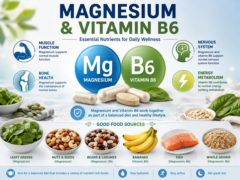 Magie và vitamin B6 tham gia vào hoạt động của cơ, thần kinh, xương và nhiều quá trình tạo năng lượng trong cơ thể