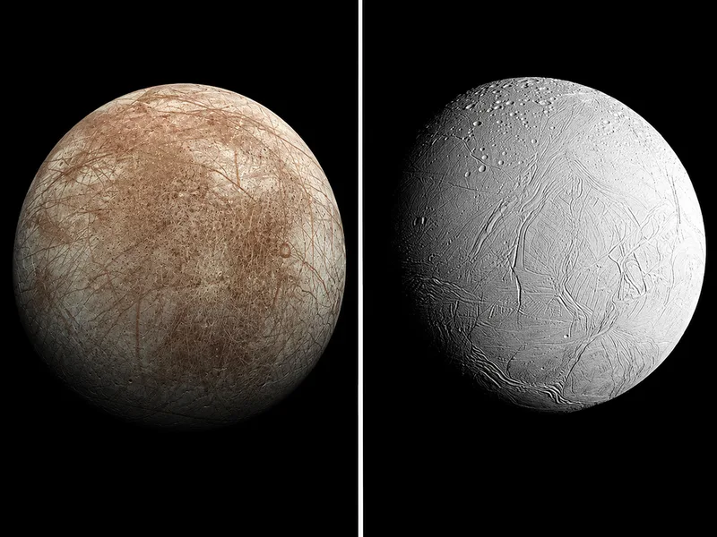 Europa và Enceladus được quan tâm vì có bằng chứng về các đại dương nằm dưới lớp băng